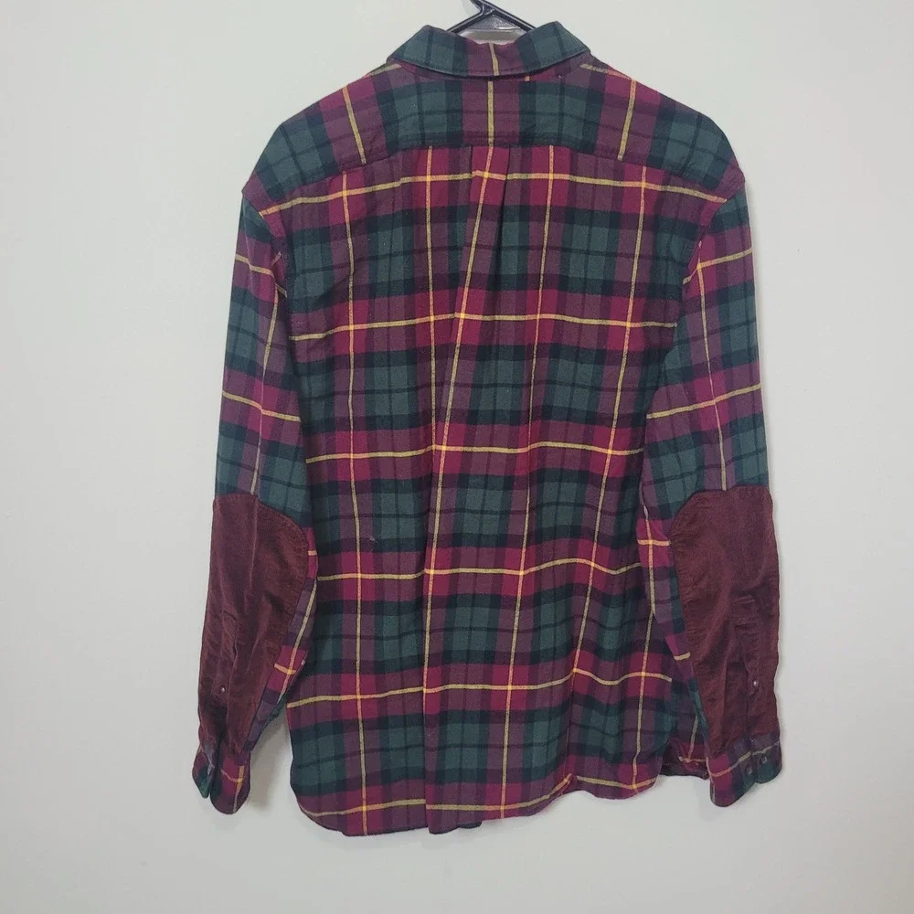 Banana Republic XL Flannel Shirt Mens Burgundy Plaid‎ Corduroy Elbow Patches